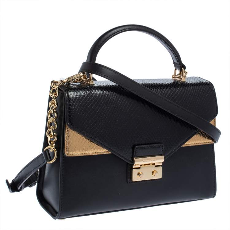 Pre Owned Michael Kors Black/Gold Python Embossed and Leather Sloan Top Handle Bag