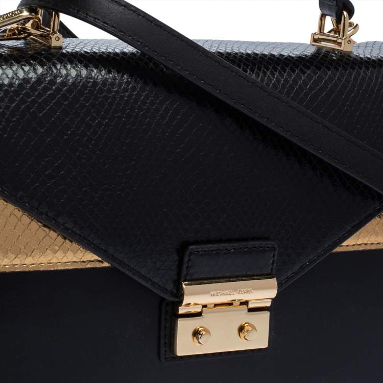 Pre Owned Michael Kors Black/Gold Python Embossed and Leather Sloan Top Handle Bag
