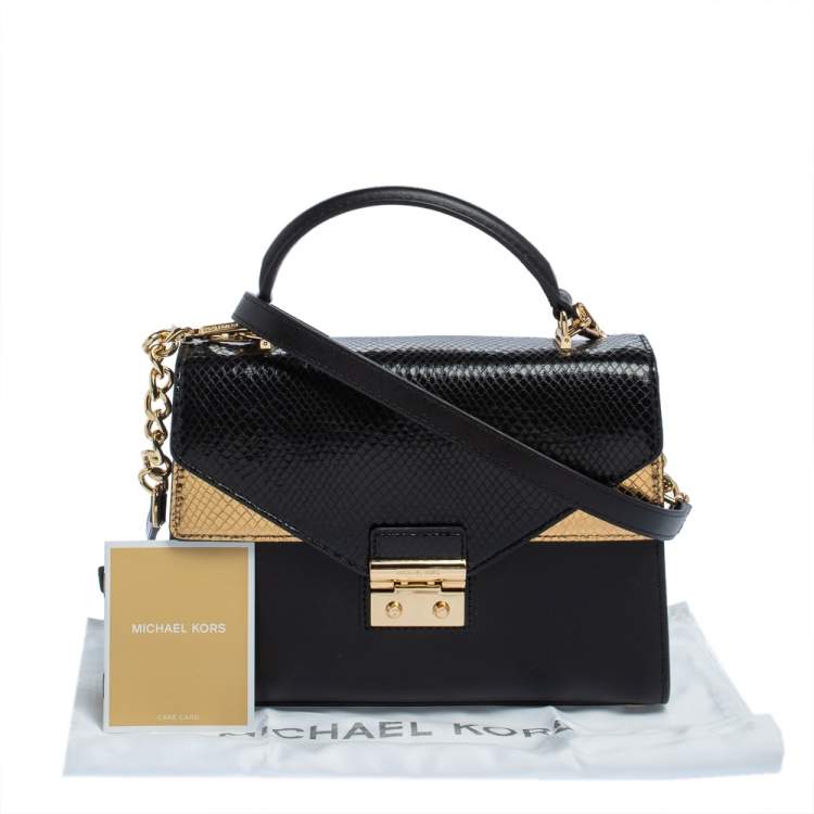 Pre Owned Michael Kors Black/Gold Python Embossed and Leather Sloan Top Handle Bag