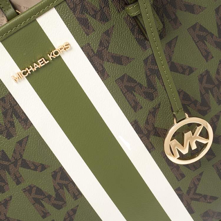 Pre Owned Michael Kors Green/Brown Signature Canvas Medium Carryall Tote