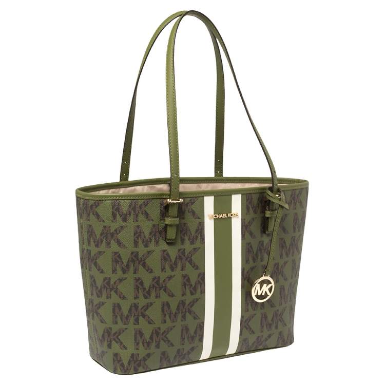 Pre Owned Michael Kors Green/Brown Signature Canvas Medium Carryall Tote