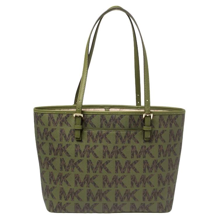 Pre Owned Michael Kors Green/Brown Signature Canvas Medium Carryall Tote