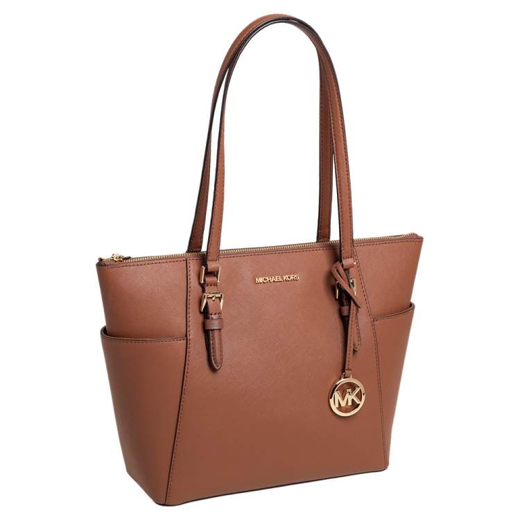 Pre Owned Michael Kors Tan Leather Charlotte Top Zip Tote