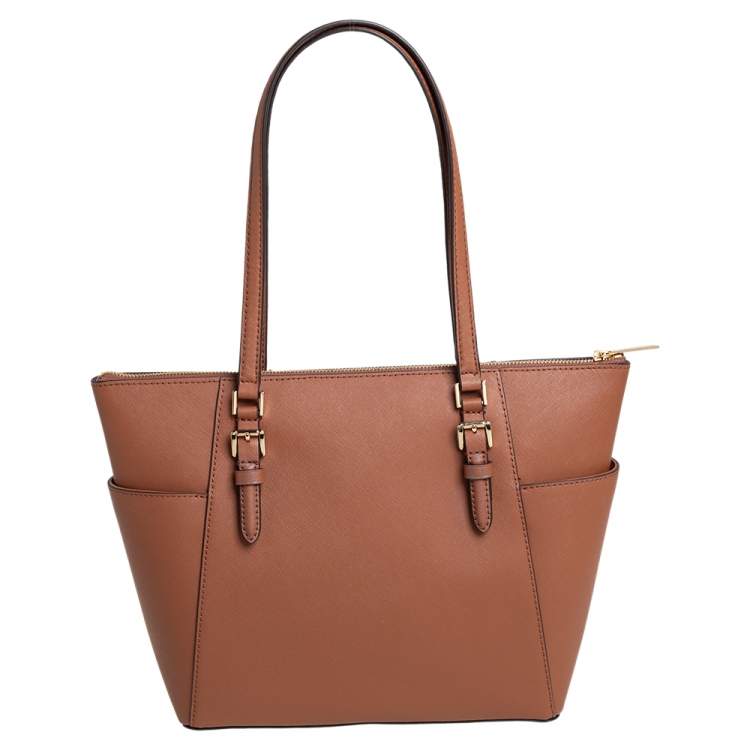 Pre Owned Michael Kors Tan Leather Charlotte Top Zip Tote