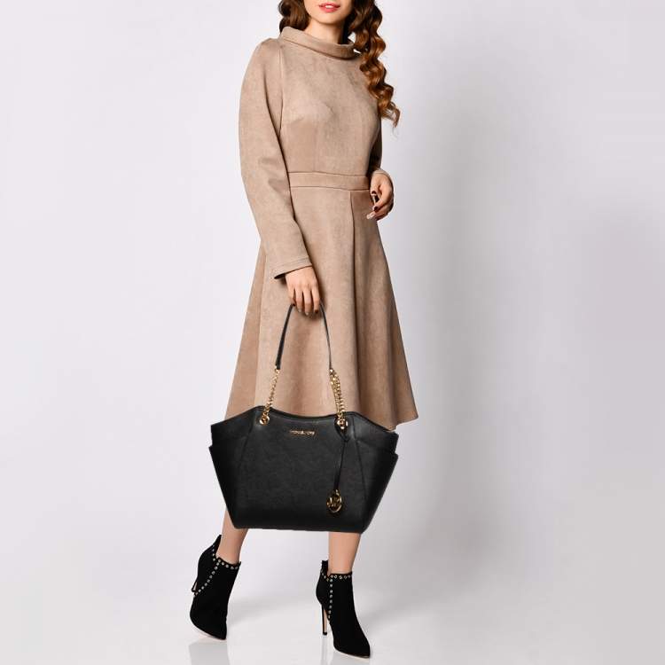 Pre Owned Michael Kors Black Leather Jet Set Travel Chain Tote