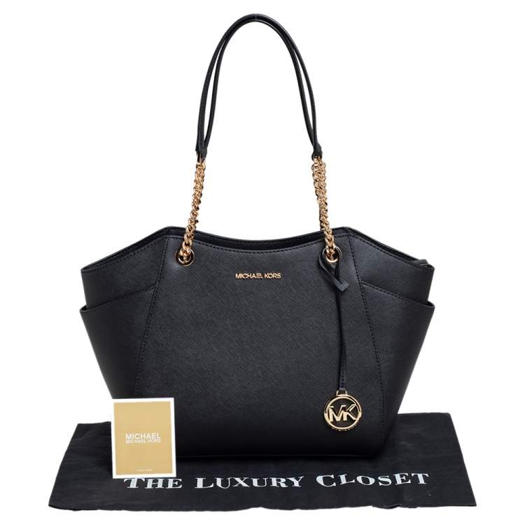 Pre Owned Michael Kors Black Leather Jet Set Travel Chain Tote