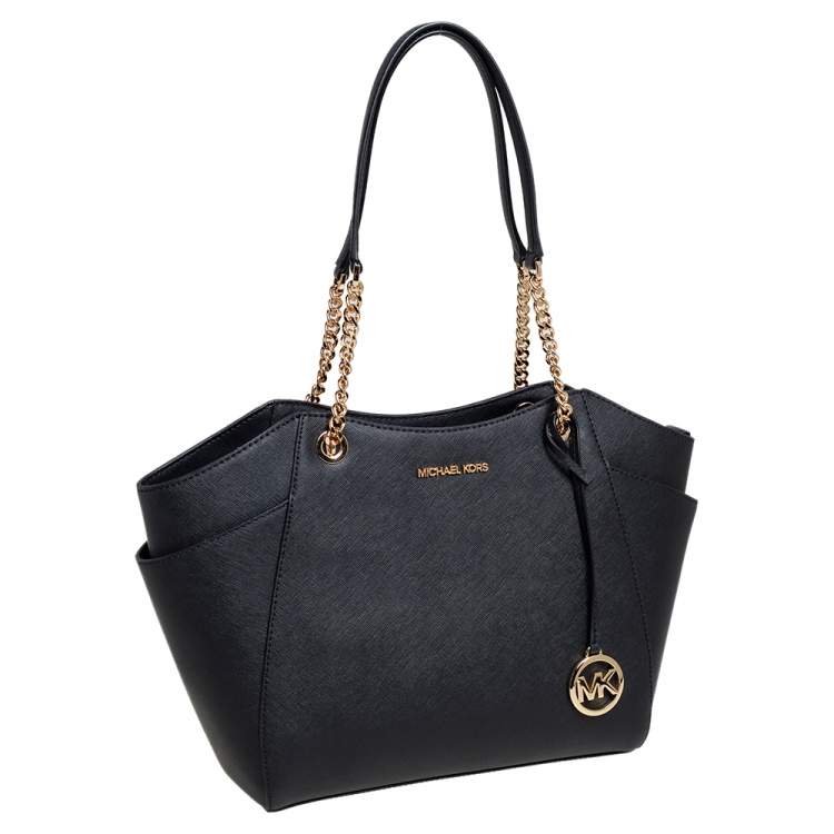 Pre Owned Michael Kors Black Leather Jet Set Travel Chain Tote