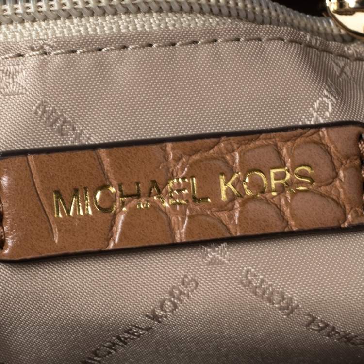 Pre Owned Michael Kors Beige/Tan Signature Canvas and Croc Embossed Leather Small Sienna Tote