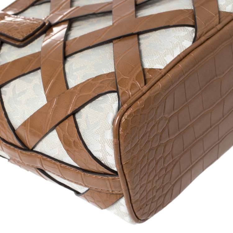 Pre Owned Michael Kors Beige/Tan Signature Canvas and Croc Embossed Leather Small Sienna Tote