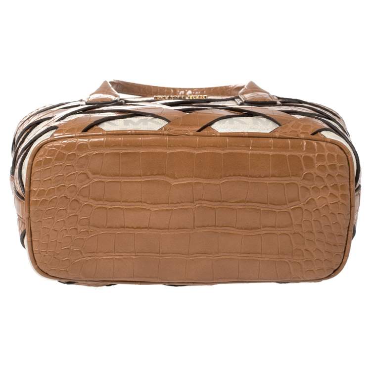 Pre Owned Michael Kors Beige/Tan Signature Canvas and Croc Embossed Leather Small Sienna Tote