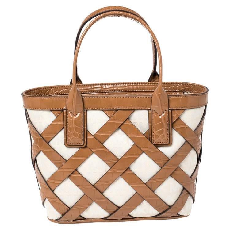 Pre Owned Michael Kors Beige/Tan Signature Canvas and Croc Embossed Leather Small Sienna Tote