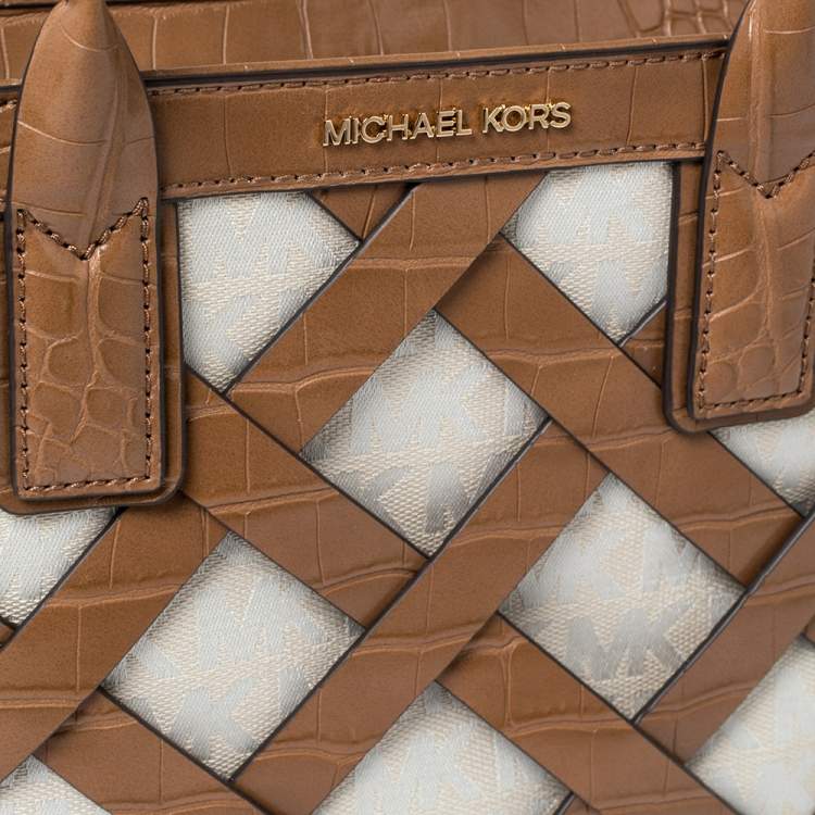 Pre Owned Michael Kors Beige/Tan Signature Canvas and Croc Embossed Leather Small Sienna Tote