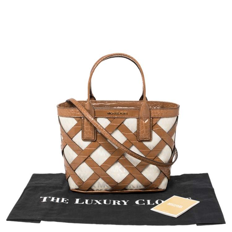 Pre Owned Michael Kors Beige/Tan Signature Canvas and Croc Embossed Leather Small Sienna Tote