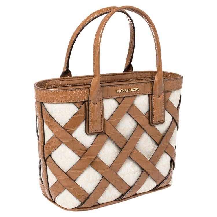 Pre Owned Michael Kors Beige/Tan Signature Canvas and Croc Embossed Leather Small Sienna Tote