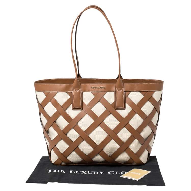 Pre Owned Michael Kors Beige/Tan Canvas and Leather Large Shopper Tote