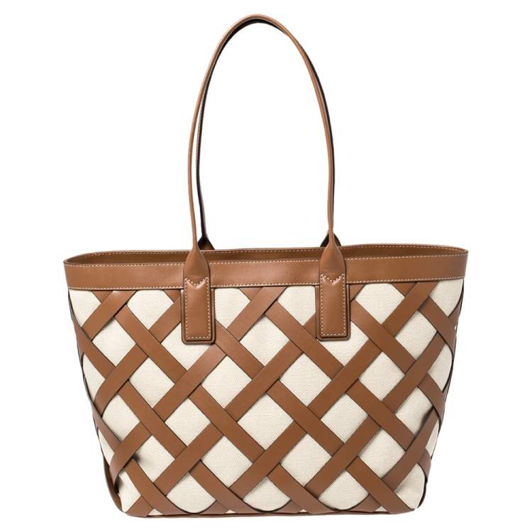 Pre Owned Michael Kors Beige/Tan Canvas and Leather Large Shopper Tote