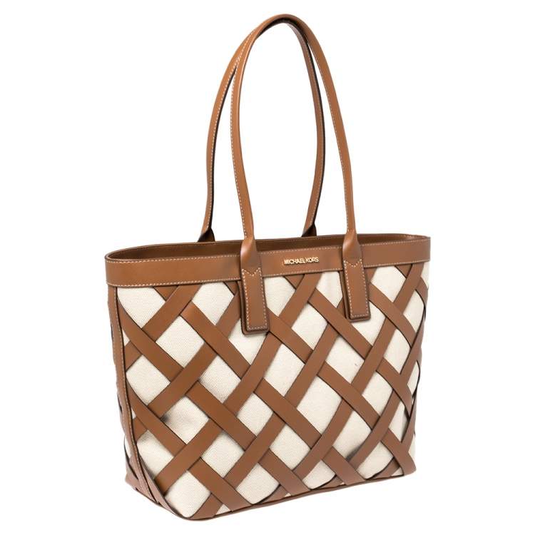 Pre Owned Michael Kors Beige/Tan Canvas and Leather Large Shopper Tote