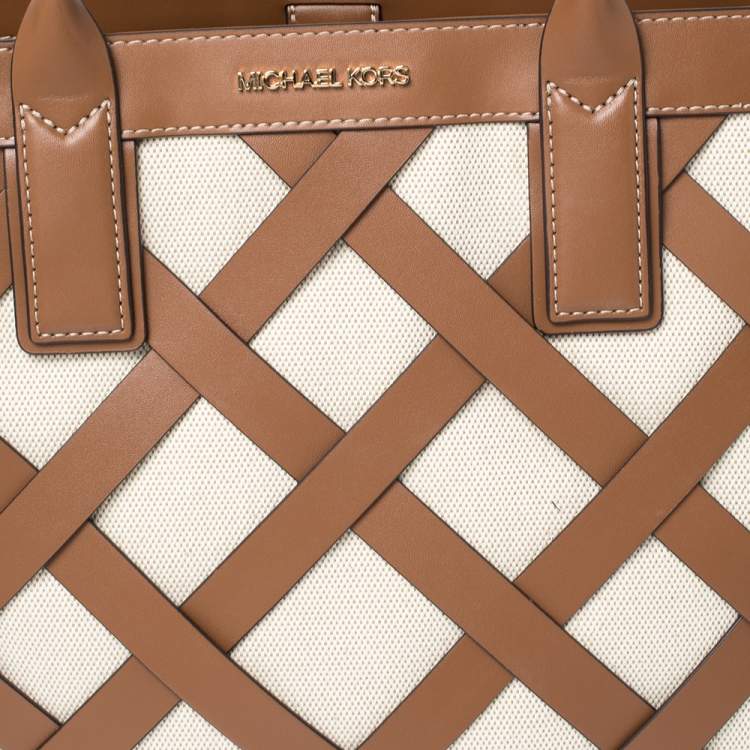 Pre Owned Michael Kors Beige/Tan Canvas and Leather Large Shopper Tote