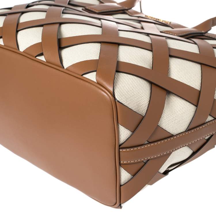 Pre Owned Michael Kors Beige/Tan Canvas and Leather Large Shopper Tote