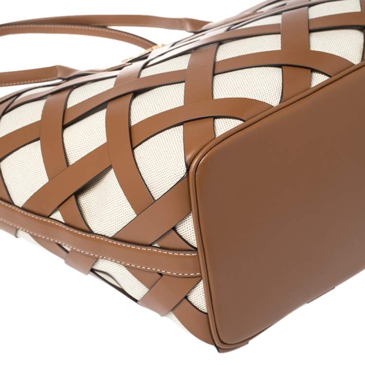 Pre Owned Michael Kors Beige/Tan Canvas and Leather Large Shopper Tote