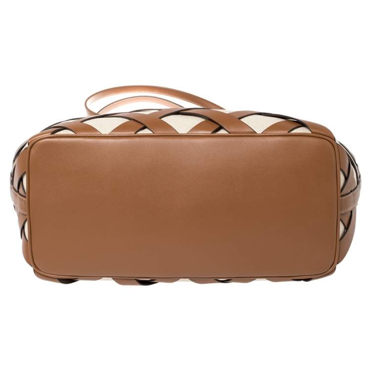 Pre Owned Michael Kors Beige/Tan Canvas and Leather Large Shopper Tote