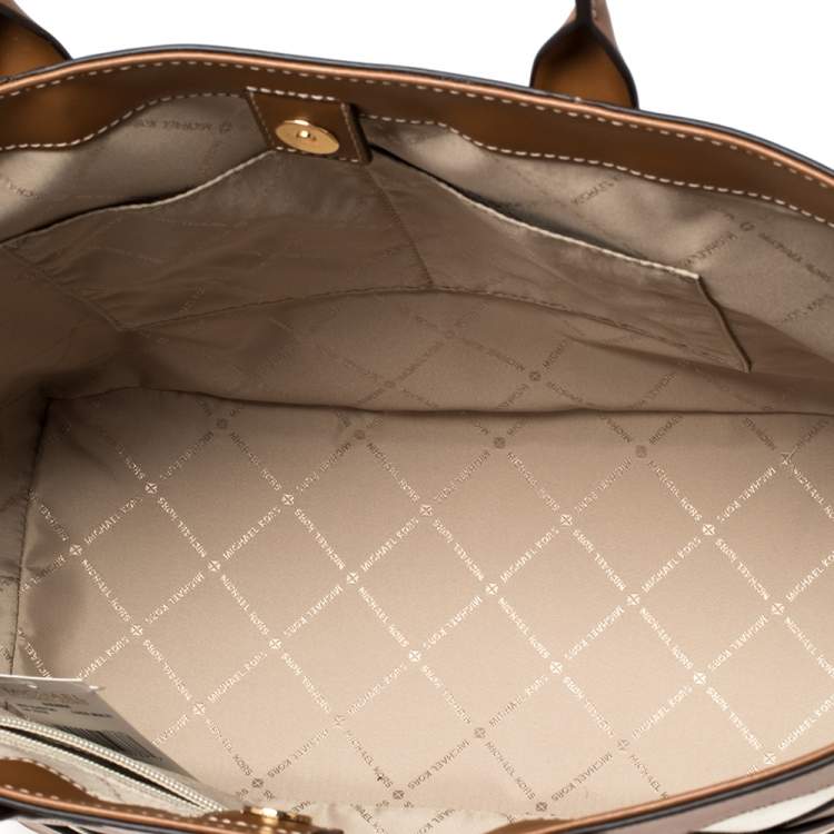 Pre Owned Michael Kors Beige/Tan Canvas and Leather Large Shopper Tote