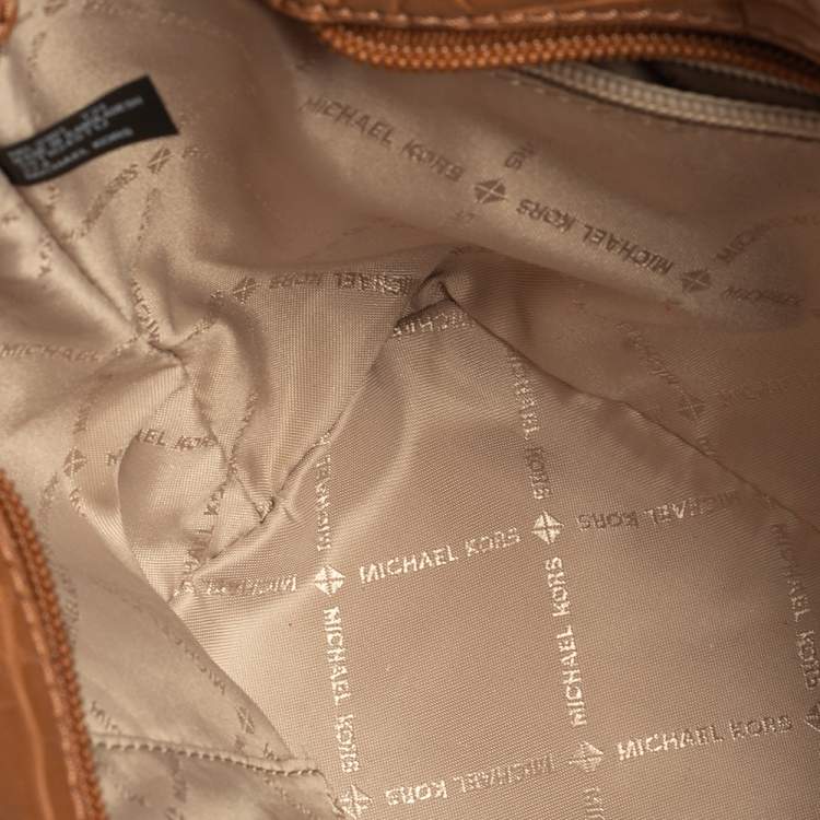 Pre Owned Michael Kors Brown/Ivory Croc Embossed Leather and Signature Canvas Sienna Tote