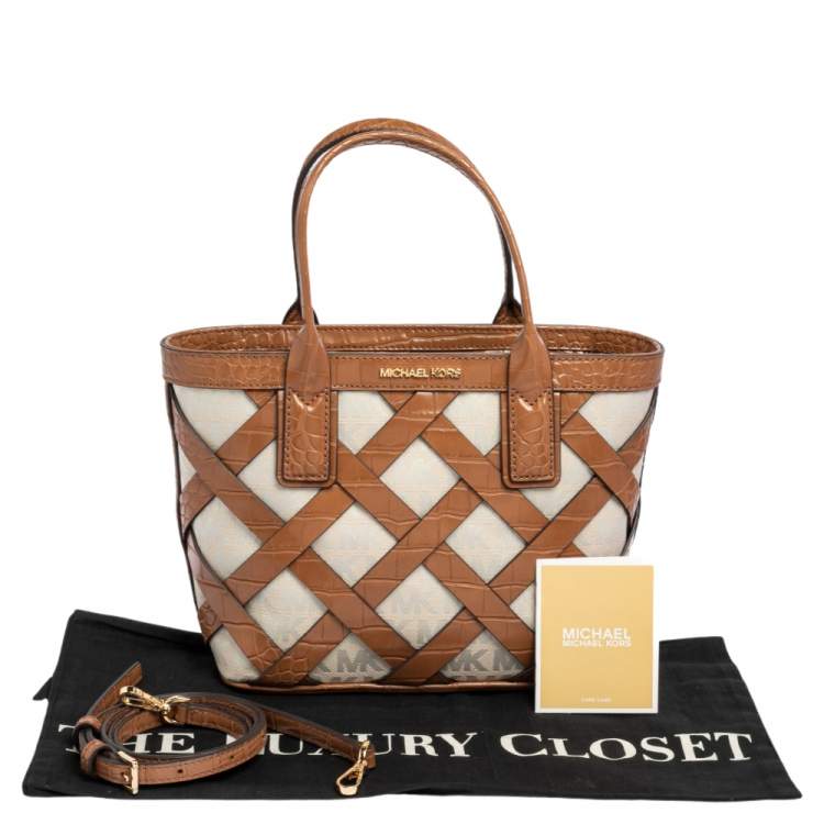 Pre Owned Michael Kors Brown/Ivory Croc Embossed Leather and Signature Canvas Sienna Tote