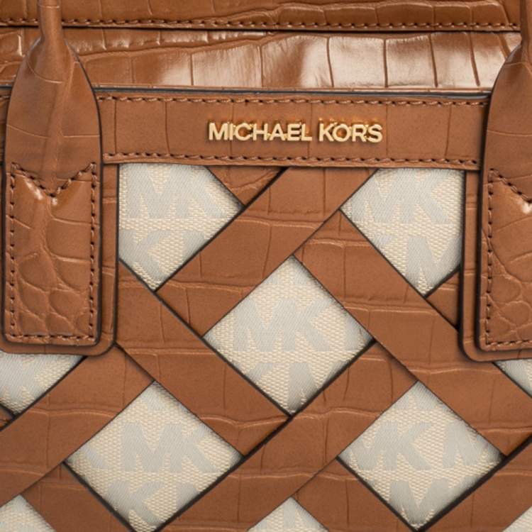 Pre Owned Michael Kors Brown/Ivory Croc Embossed Leather and Signature Canvas Sienna Tote