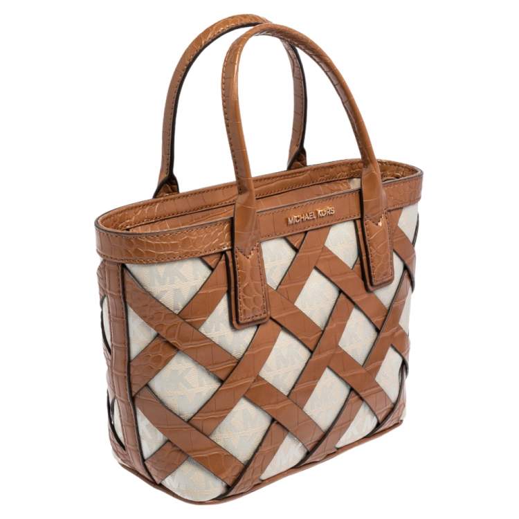 Pre Owned Michael Kors Brown/Ivory Croc Embossed Leather and Signature Canvas Sienna Tote