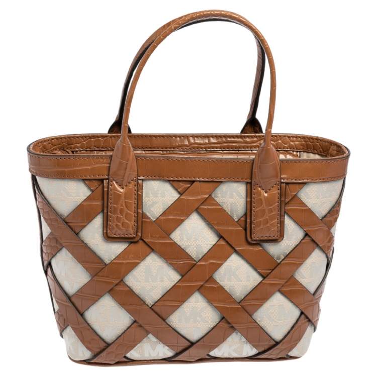 Pre Owned Michael Kors Brown/Ivory Croc Embossed Leather and Signature Canvas Sienna Tote