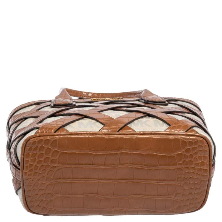 Pre Owned Michael Kors Brown/Ivory Croc Embossed Leather and Signature Canvas Sienna Tote