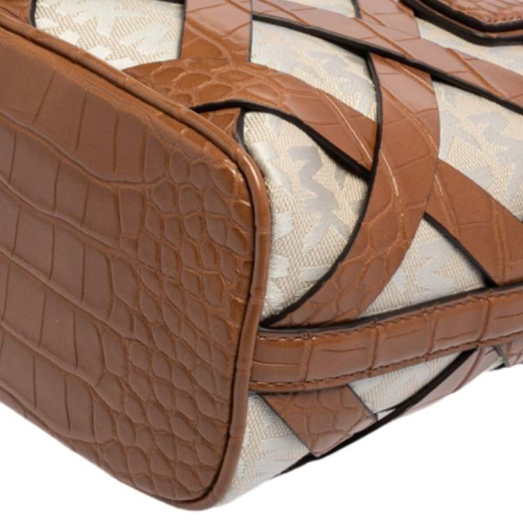 Pre Owned Michael Kors Brown/Ivory Croc Embossed Leather and Signature Canvas Sienna Tote