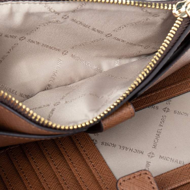 Pre Owned Michael Kors Brown Coated Canvas Jet Set Travel Double Zip Wristlet Wallet