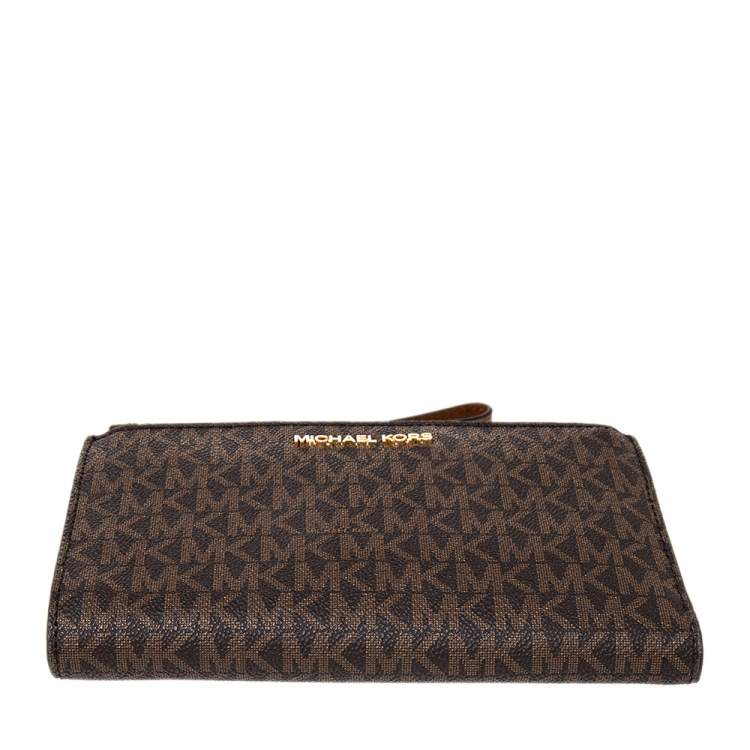 Pre Owned Michael Kors Brown Coated Canvas Jet Set Travel Double Zip Wristlet Wallet