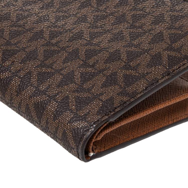 Pre Owned Michael Kors Brown Coated Canvas Jet Set Travel Double Zip Wristlet Wallet