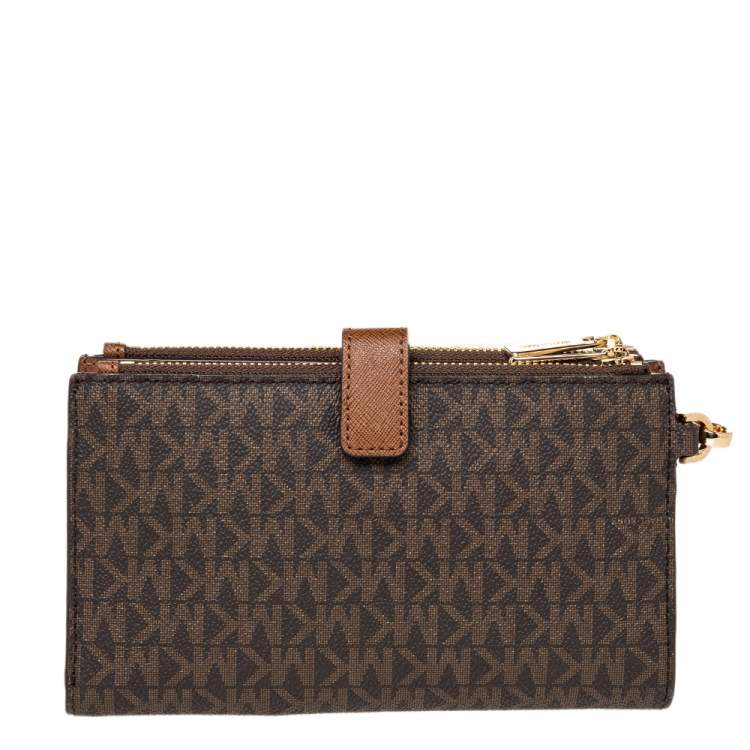 Pre Owned Michael Kors Brown Coated Canvas Jet Set Travel Double Zip Wristlet Wallet