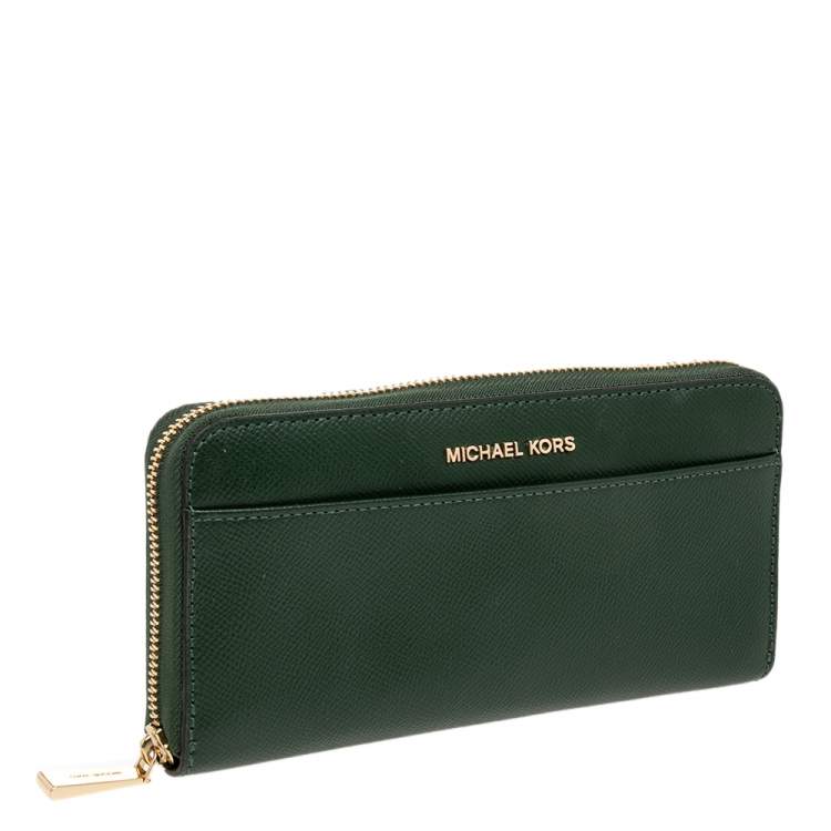 Pre Owned Michael Kors Green Saffiano Leather Zip Around Wallet