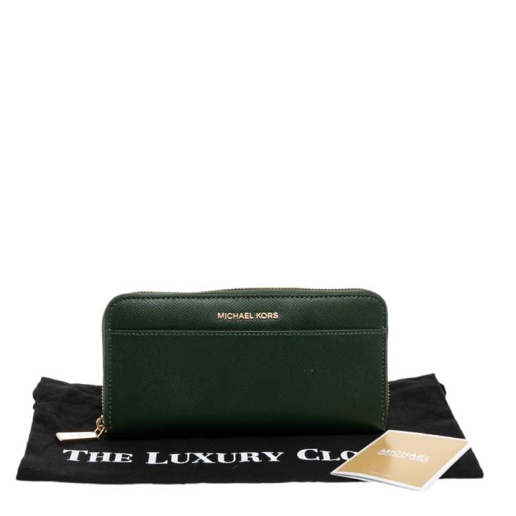 Pre Owned Michael Kors Green Saffiano Leather Zip Around Wallet