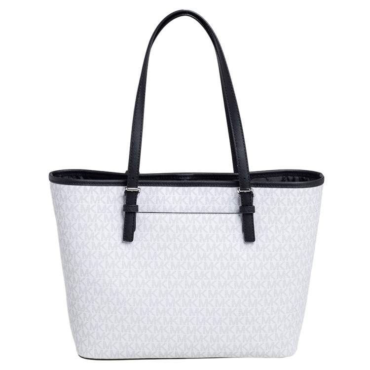 Pre Owned Michael Kors White/Black Coated Canvas Medium New York City Carryall Tote
