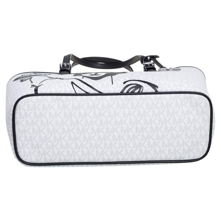 Pre Owned Michael Kors White/Black Coated Canvas Medium New York City Carryall Tote