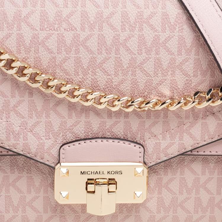 Pre Owned Michael Kors Pink Signature Coated Canvas and Leather Medium Kinsley Shoulder Bag