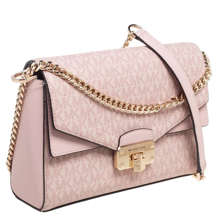 Pre Owned Michael Kors Pink Signature Coated Canvas and Leather Medium Kinsley Shoulder Bag