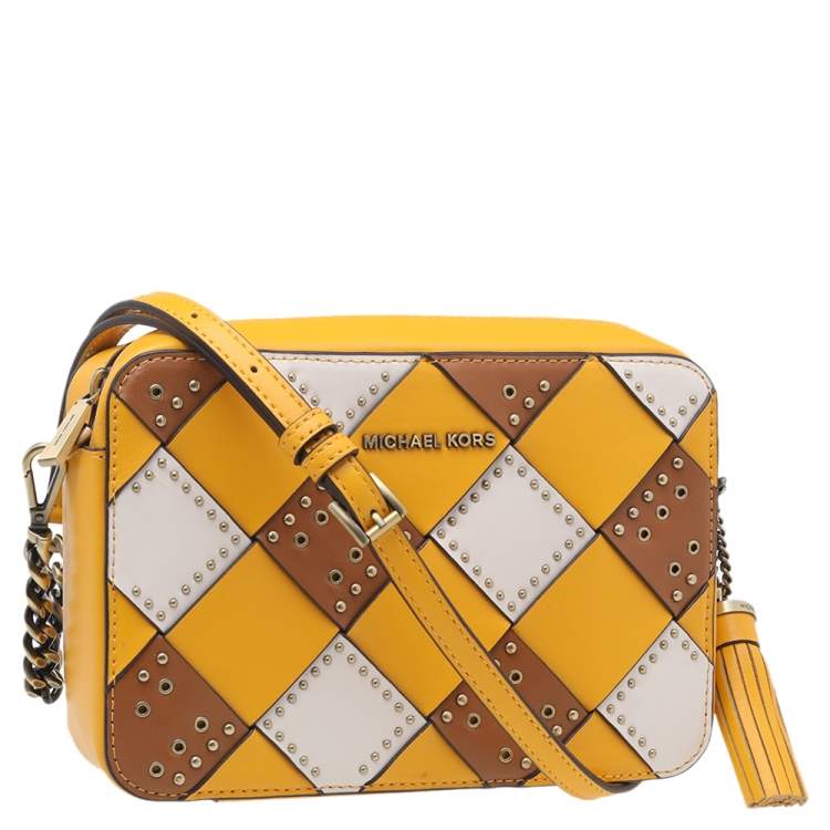 Pre Owned Michael Kors Multicolor Leather Woven Studded Camera Crossbody Bag
