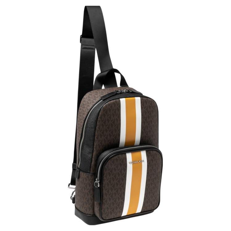 Pre Owned Michael Kors Brown/Black Signature Coated Canvas Cooper Commuter Sling Backpack