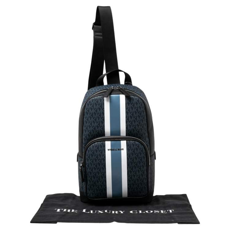 Pre Owned Michael Kors Blue/Black Signature Coated Canvas Cooper Commuter Sling Backpack 