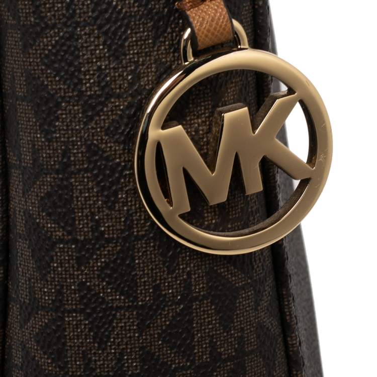 Pre Owned Michael Kors Brown Signature Coated Canvas and Leather Jet Set Messenger Bag