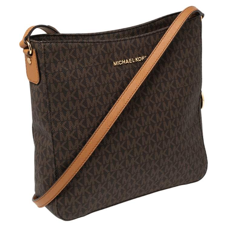Pre Owned Michael Kors Brown Signature Coated Canvas and Leather Jet Set Messenger Bag
