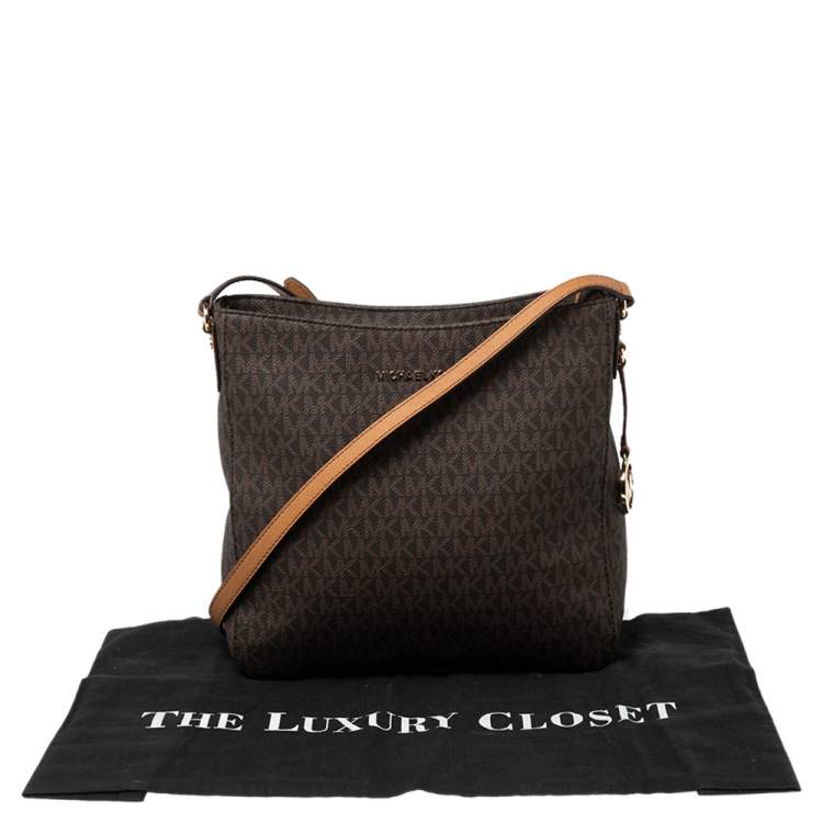 Pre Owned Michael Kors Brown Signature Coated Canvas and Leather Jet Set Messenger Bag