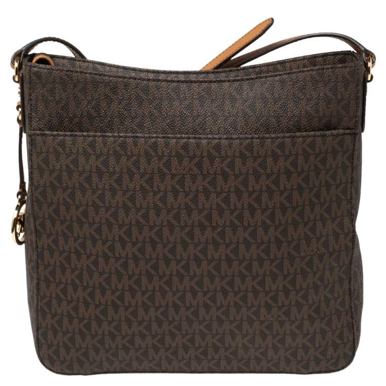 Pre Owned Michael Kors Brown Signature Coated Canvas and Leather Jet Set Messenger Bag